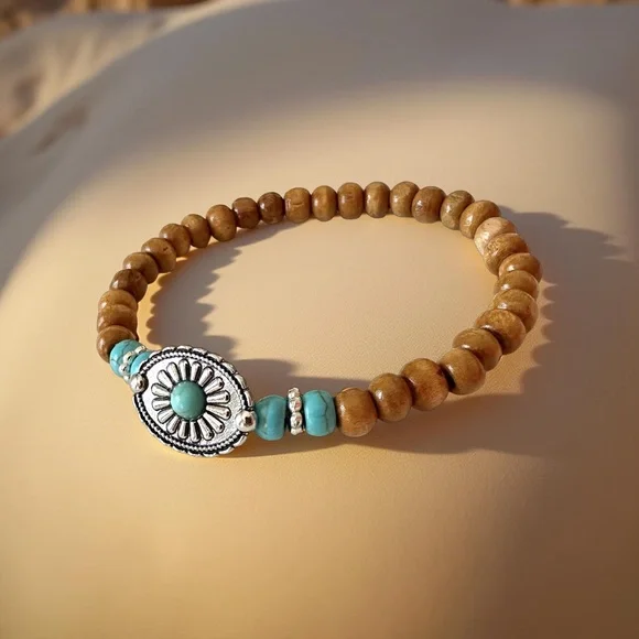 🔴 5 for $10 ONE Turquoise and Brown Wooden Beaded Stretchy Bracelet - Picture 1 of 16